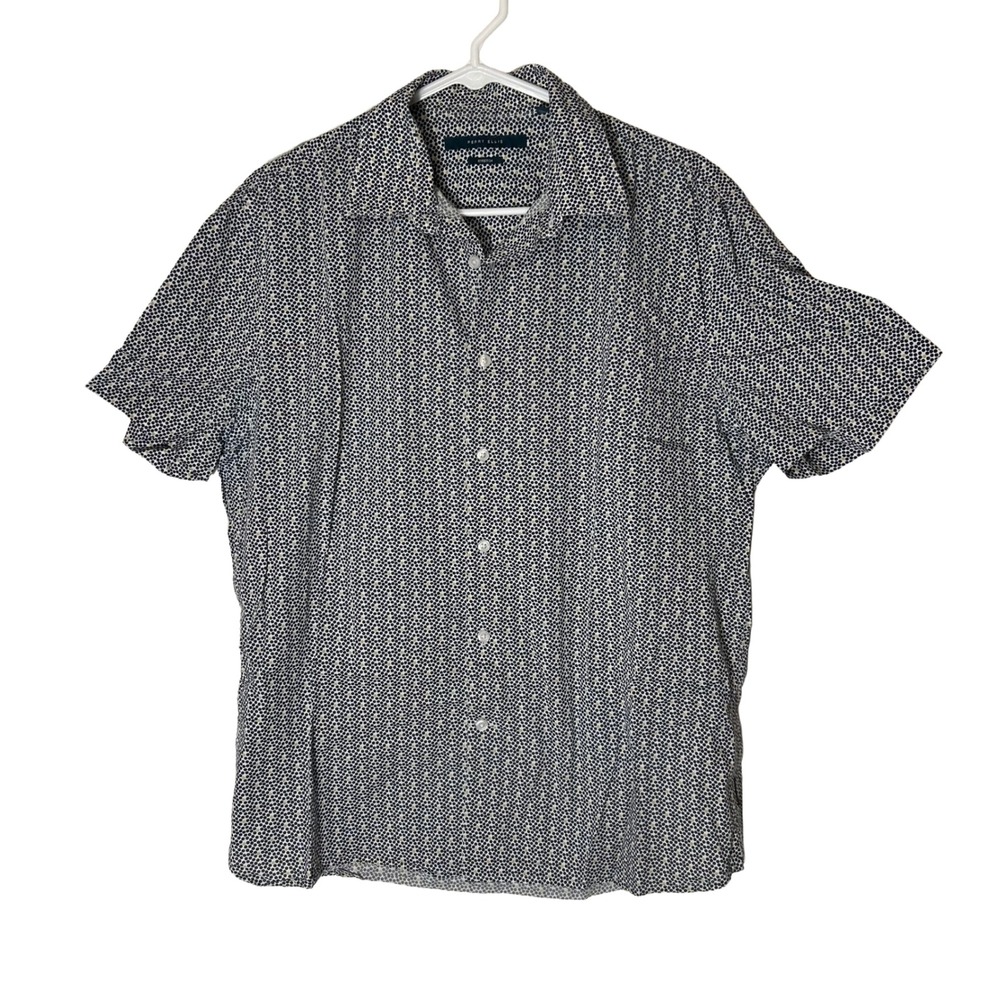 Perry Ellis Men Short Sleeve Button Down Shirt Black Tan Geometric Dot Stretch M - Picture 2 of 8